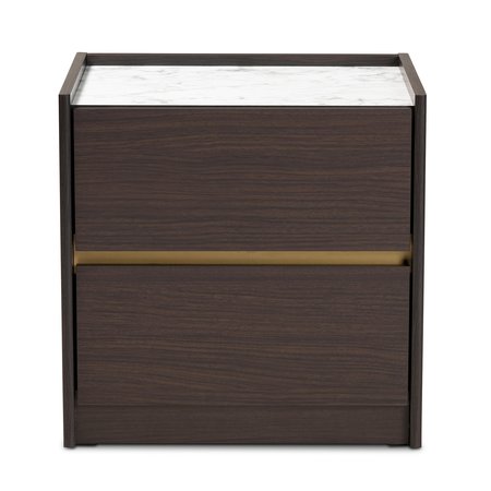 Baxton Studio Walker Modern and Contemporary Dark Brown and Gold Finished Wood Nightstand with Faux Marble Top 189-11620-ZORO